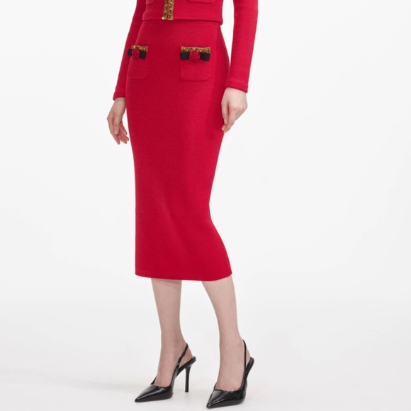 self-portrait Red Textured Knit Corsage Midi Skirt Size Small - MSRP $380 - NWT - Picture 6 of 8